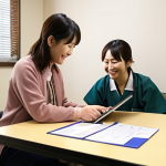 **

A dedicated *shogai-sha sodan'in* (disability counselor) with a warm smile, assisting a client with paperwork. The counselor is using a tablet to access information. Soft, natural lighting. Background: a modern, accessible welfare office with Japanese signage. Focus on empathy and professionalism. Style: Realistic, heartwarming.

**
