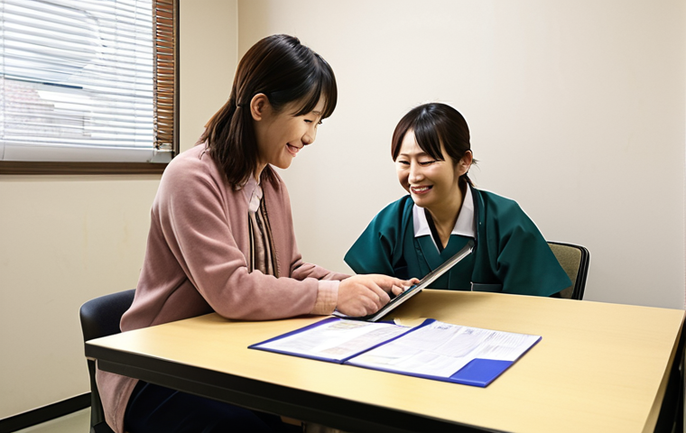 **

A dedicated *shogai-sha sodan'in* (disability counselor) with a warm smile, assisting a client with paperwork. The counselor is using a tablet to access information. Soft, natural lighting. Background: a modern, accessible welfare office with Japanese signage. Focus on empathy and professionalism. Style: Realistic, heartwarming.

**