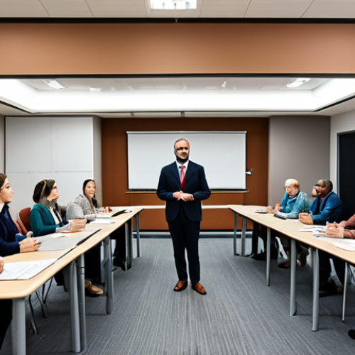 **

"A professional social worker in a modest and professional outfit, attending a re-education seminar.  The setting is a modern conference room with diverse attendees.  Focus on engagement and learning, safe for work, appropriate content, fully clothed, professional development, perfect anatomy, natural pose, well-formed hands, proper finger count, family-friendly."

**