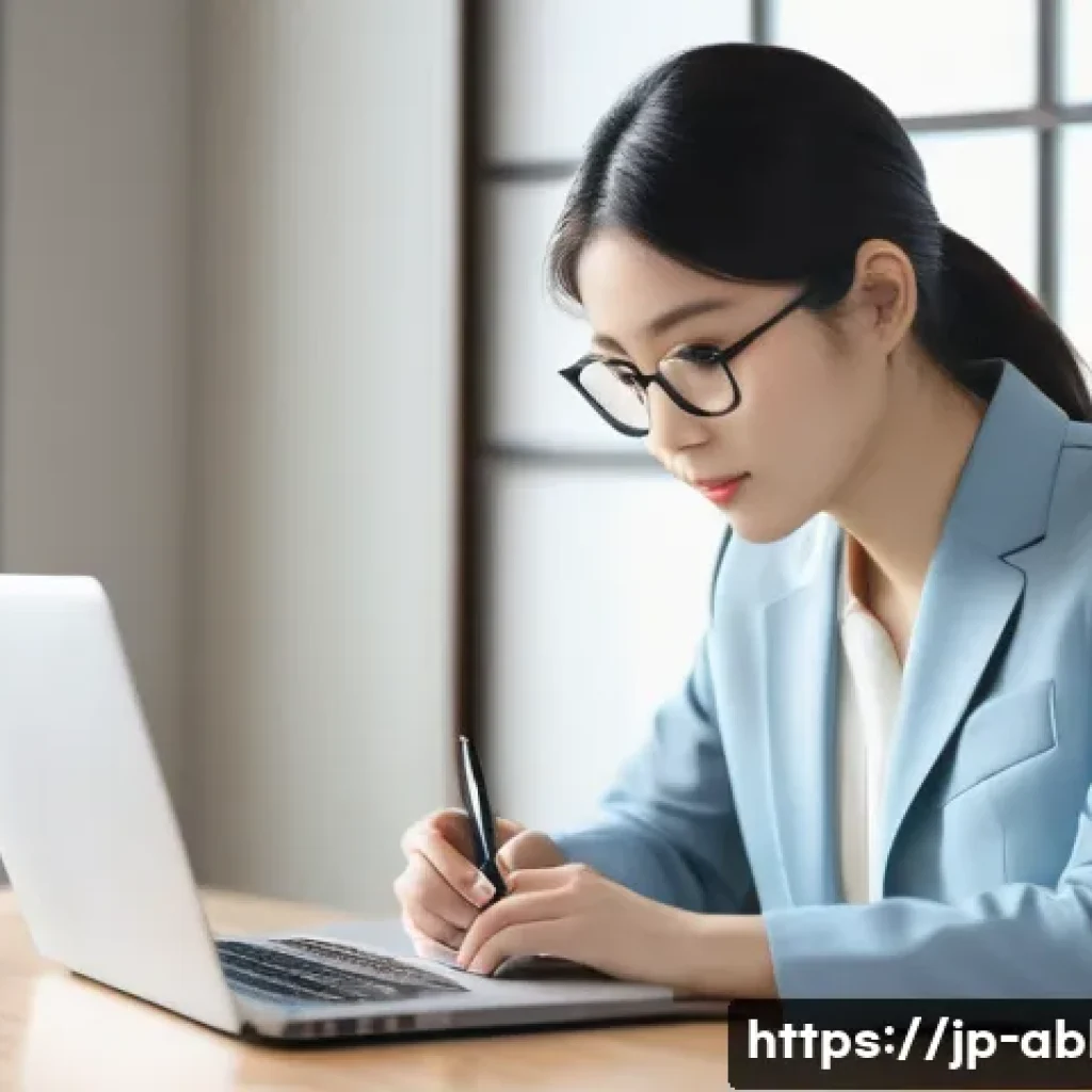 장애인상담사 상담 보고서 작성법 - A modern Japanese office scene with a social worker sitting at a desk, writing a detailed consultati...