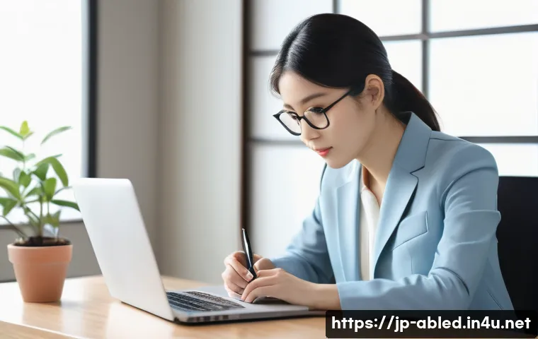 장애인상담사 상담 보고서 작성법 - A modern Japanese office scene with a social worker sitting at a desk, writing a detailed consultati...