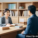 장애인상담사 업무 목표 설정 - A professional Japanese disability support counselor attentively listening to a middle-aged client i...