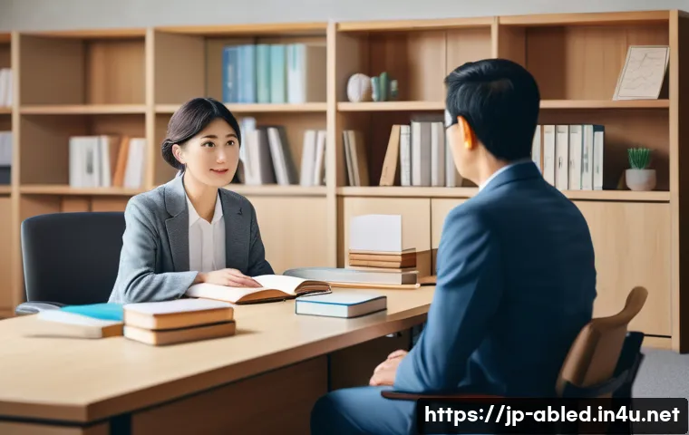 장애인상담사 업무 목표 설정 - A professional Japanese disability support counselor attentively listening to a middle-aged client i...