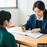 장애인상담사 직무 소개 - A warm and professional scene inside a modern community support center in Japan, featuring a compass...