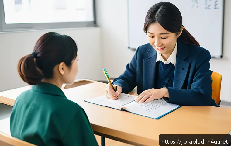 장애인상담사 직무 소개 - A warm and professional scene inside a modern community support center in Japan, featuring a compass...
