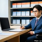 장애인상담사 연봉 상승 전략 - A professional Japanese disability counselor in a modern office setting, wearing smart casual attire...