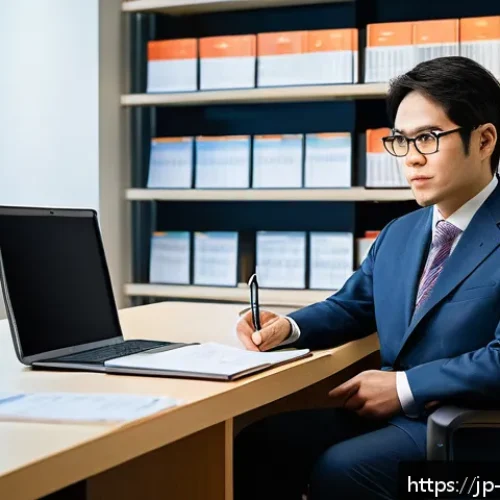 장애인상담사 연봉 상승 전략 - A professional Japanese disability counselor in a modern office setting, wearing smart casual attire...