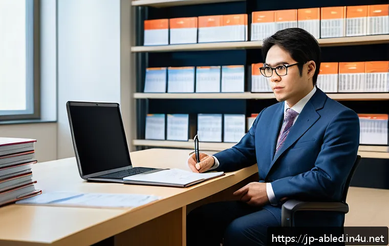 장애인상담사 연봉 상승 전략 - A professional Japanese disability counselor in a modern office setting, wearing smart casual attire...