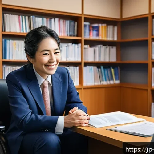 장애인상담사 이직 사례 분석 - A compassionate Japanese disability support counselor in a modern office setting, engaging in warm a...