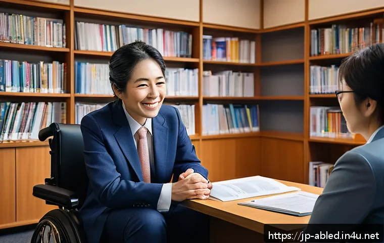 장애인상담사 이직 사례 분석 - A compassionate Japanese disability support counselor in a modern office setting, engaging in warm a...