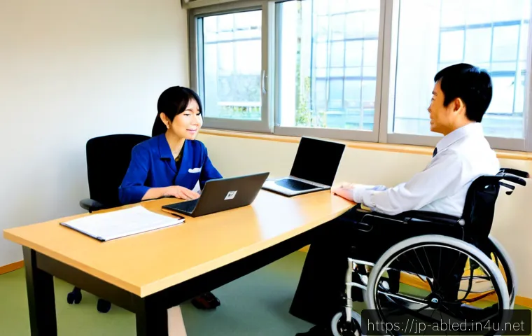 장애인상담사 취업 시장 - Photorealistic employment counseling session in a modern Japanese career support office, compassiona...
